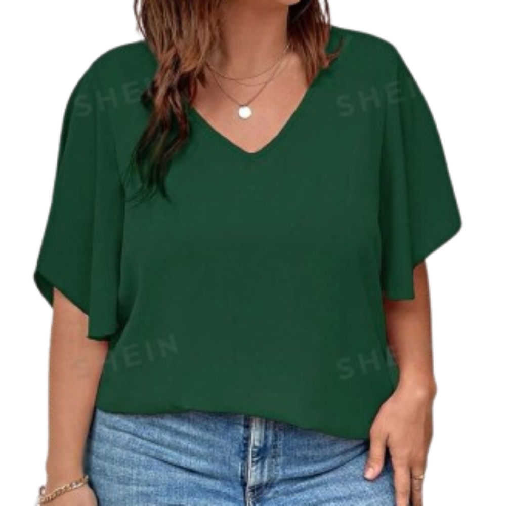 Shein Solid Green V-Neck Butterfly Slv Blouse Sz XL